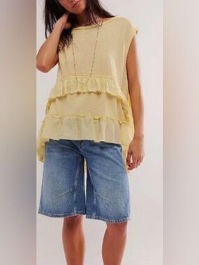 FREE PEOPLE NWTs Claire tee ruffled tiered eyelet top butter yellow small